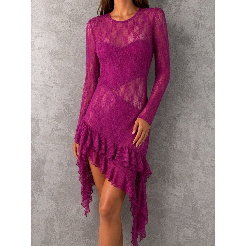 Miss Circle Lace Mini Dress Womens XS Fuchsia Sheer Ruffle Asymmetrical Romantic